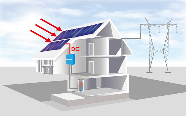 Graphic showing sunlight hitting solar panels on the roof of a home